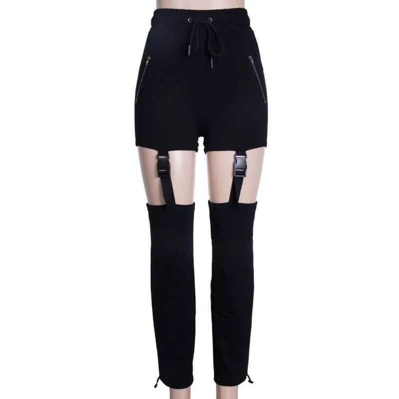 High Wais Black Stretch Holes Belt Cutout Pants