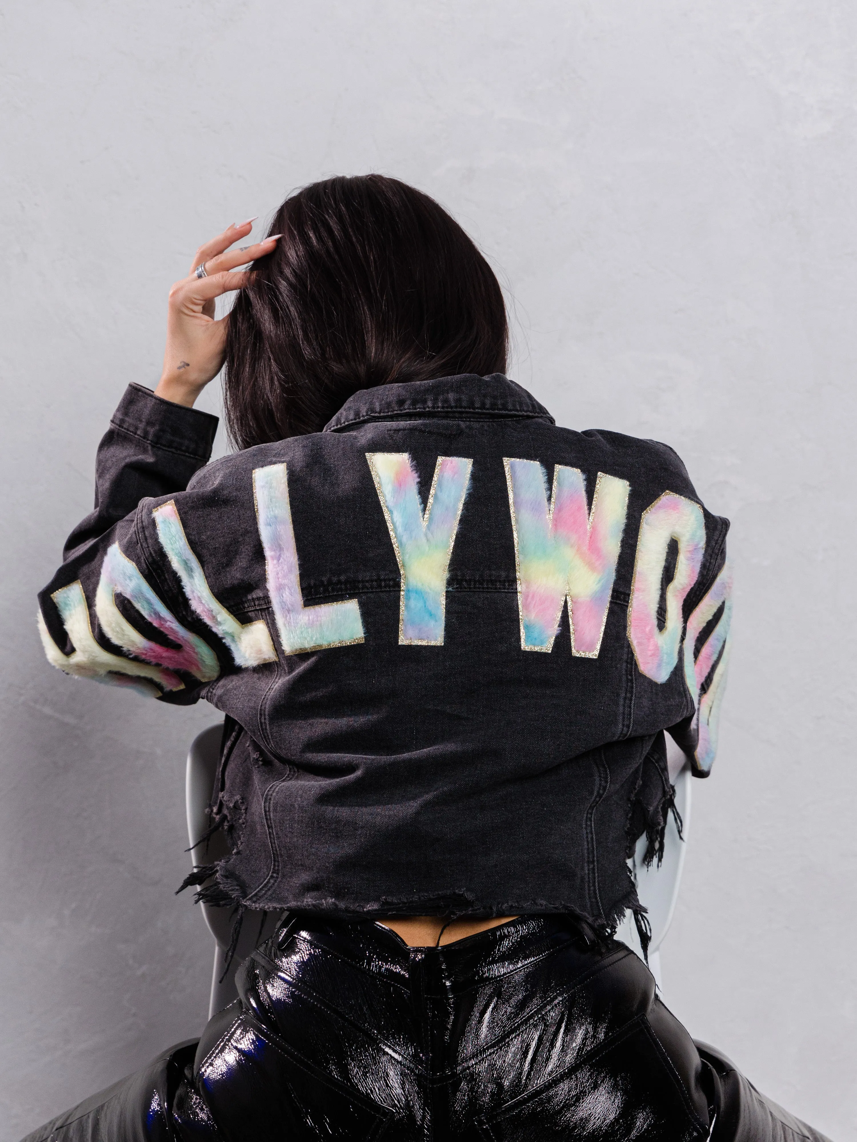 HOLLYWOOD SIGN Cotton Candy Crop Denim Jacket