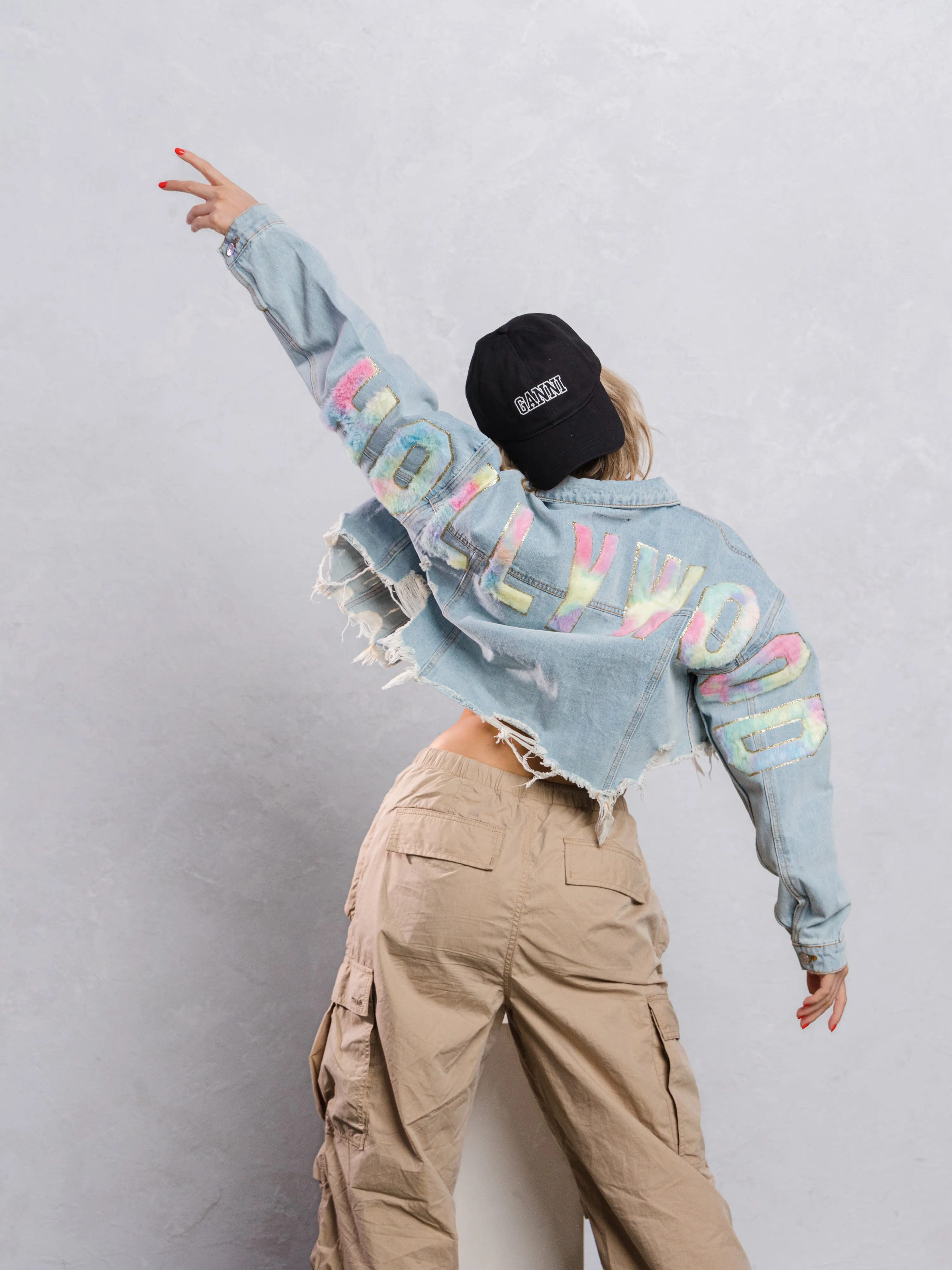 HOLLYWOOD SIGN Cotton Candy Crop Denim Jacket