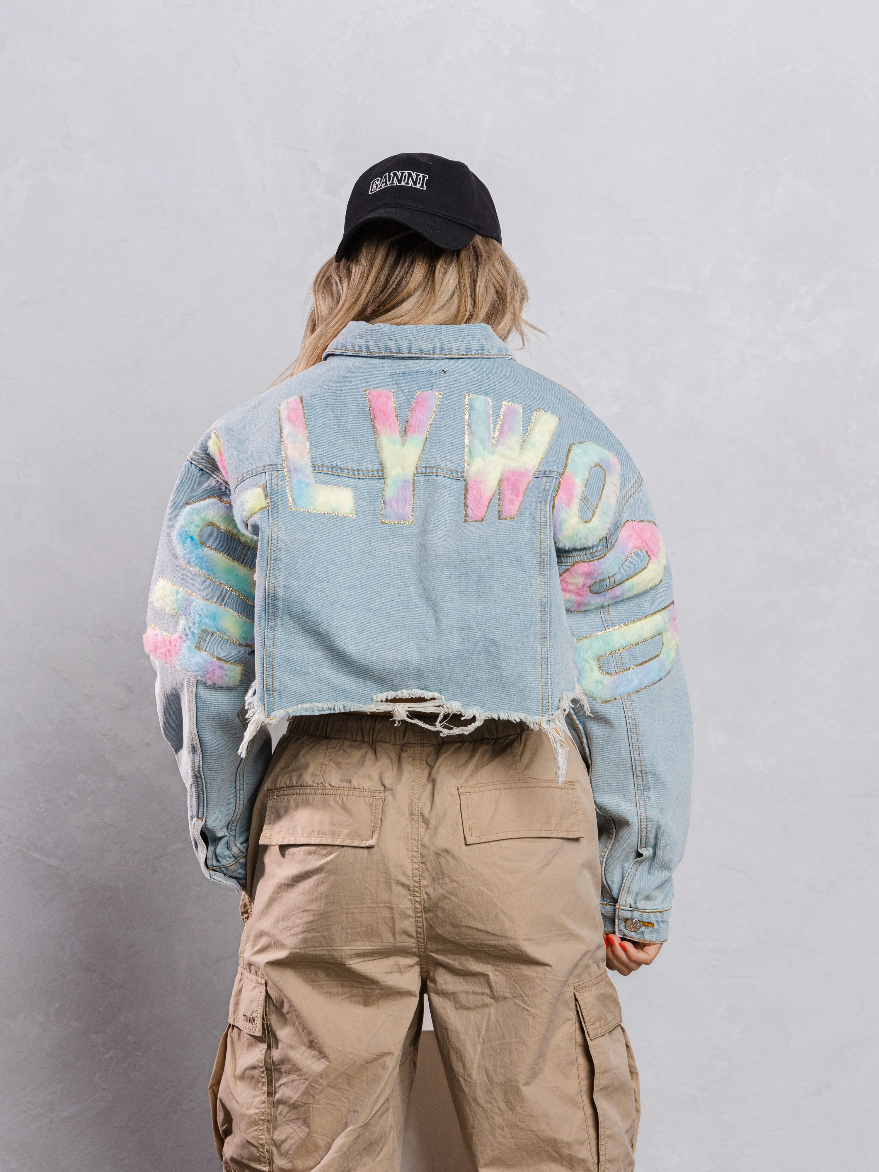 HOLLYWOOD SIGN Cotton Candy Crop Denim Jacket