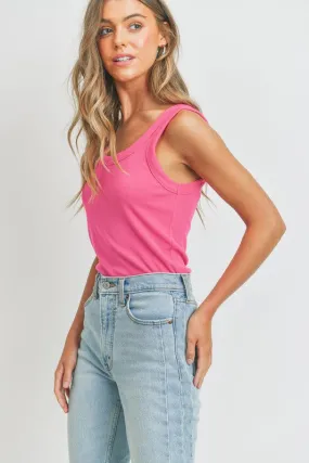 Hot Pink Scoop Neck Stretchy Rib Knit Tank Top
