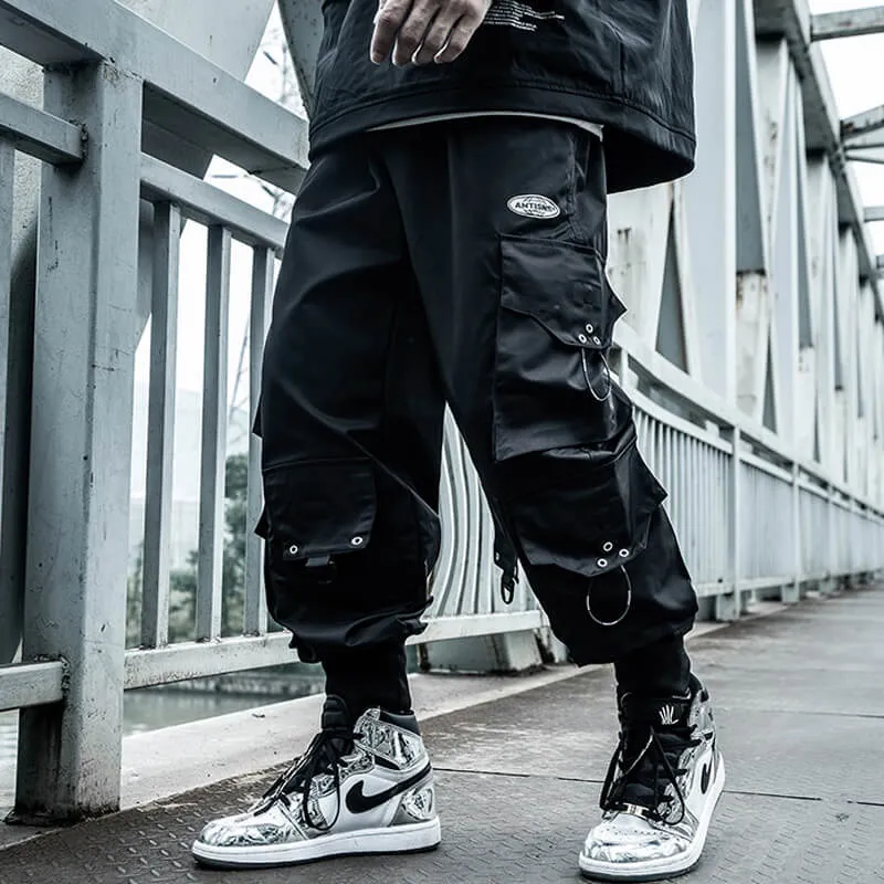 INFINIT Frizz Black Cargo Pants for Mens, Hip hop pants pocket oversize