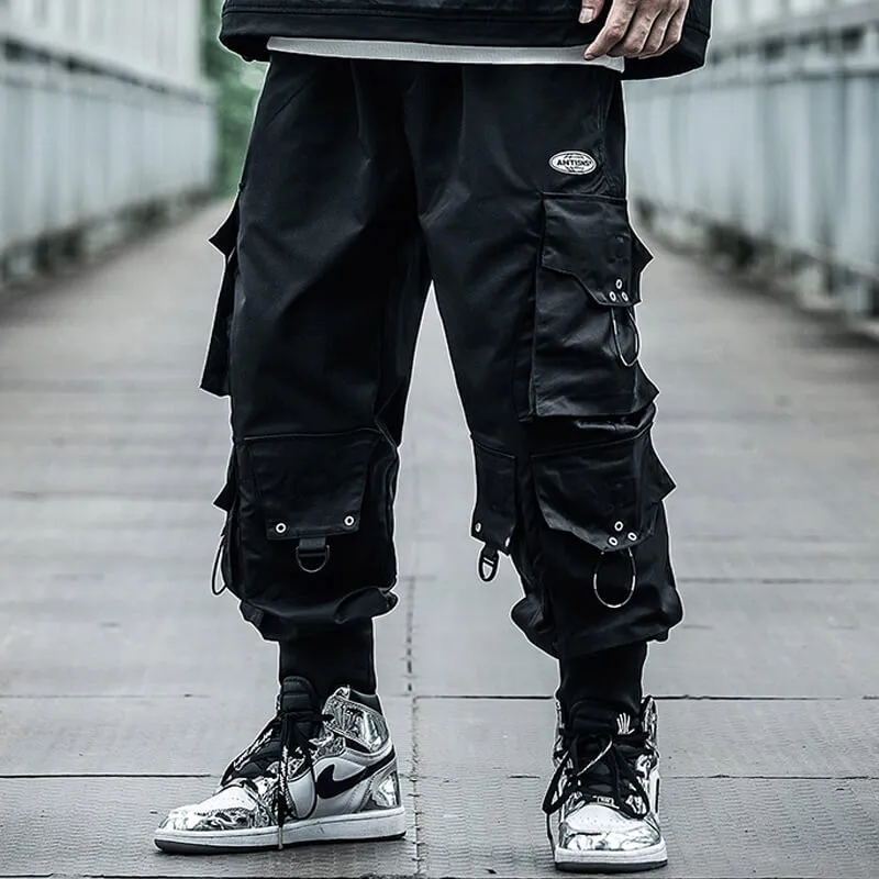 INFINIT Frizz Black Cargo Pants for Mens, Hip hop pants pocket oversize