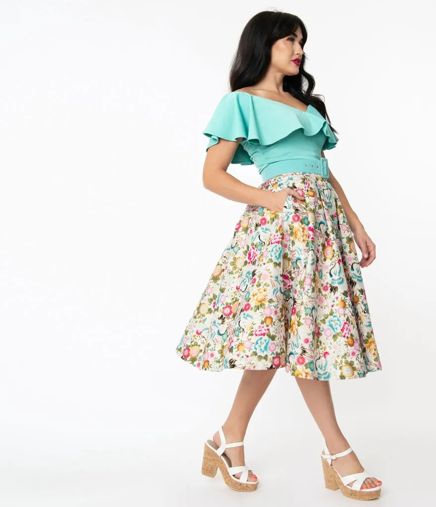 Ivory Floral Waikiki Swing Skirt