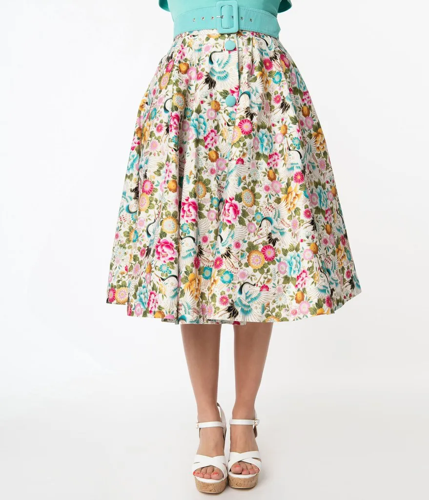 Ivory Floral Waikiki Swing Skirt