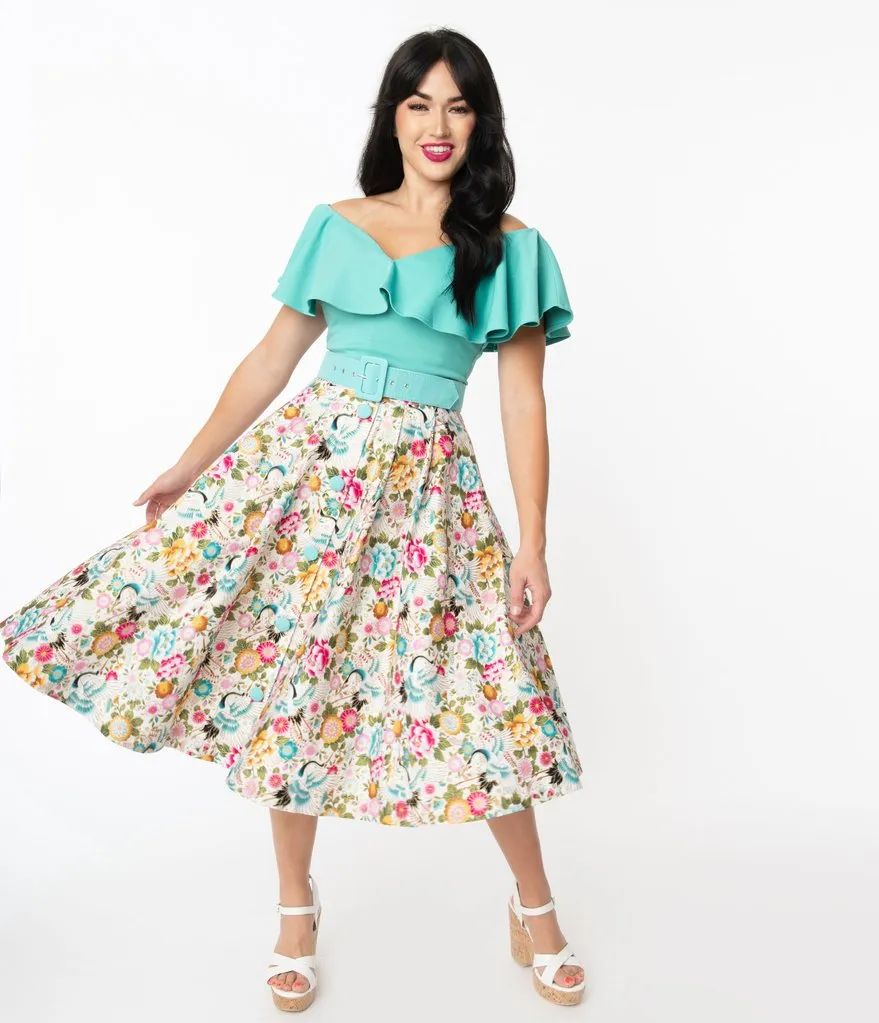 Ivory Floral Waikiki Swing Skirt