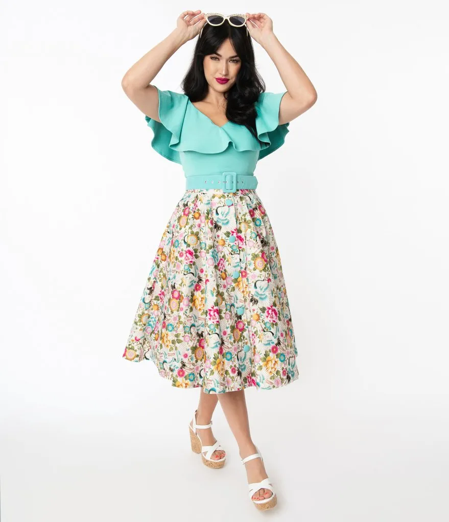 Ivory Floral Waikiki Swing Skirt
