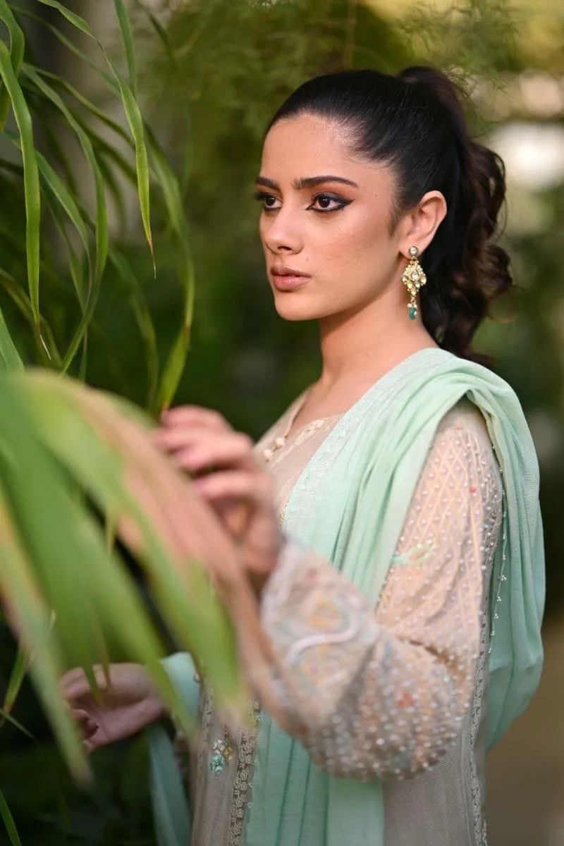 Khayal BY SHAISTA HASSAN - Beige and mint - Silk net - 3 Piece