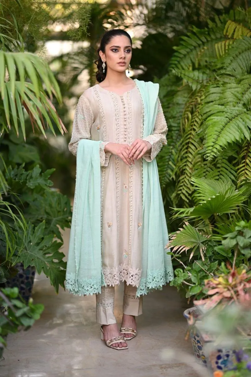Khayal BY SHAISTA HASSAN - Beige and mint - Silk net - 3 Piece