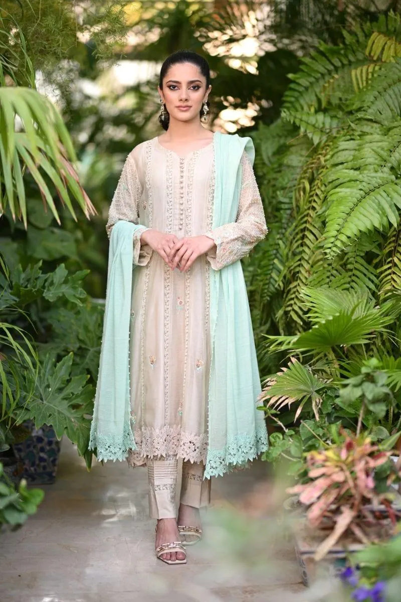 Khayal BY SHAISTA HASSAN - Beige and mint - Silk net - 3 Piece