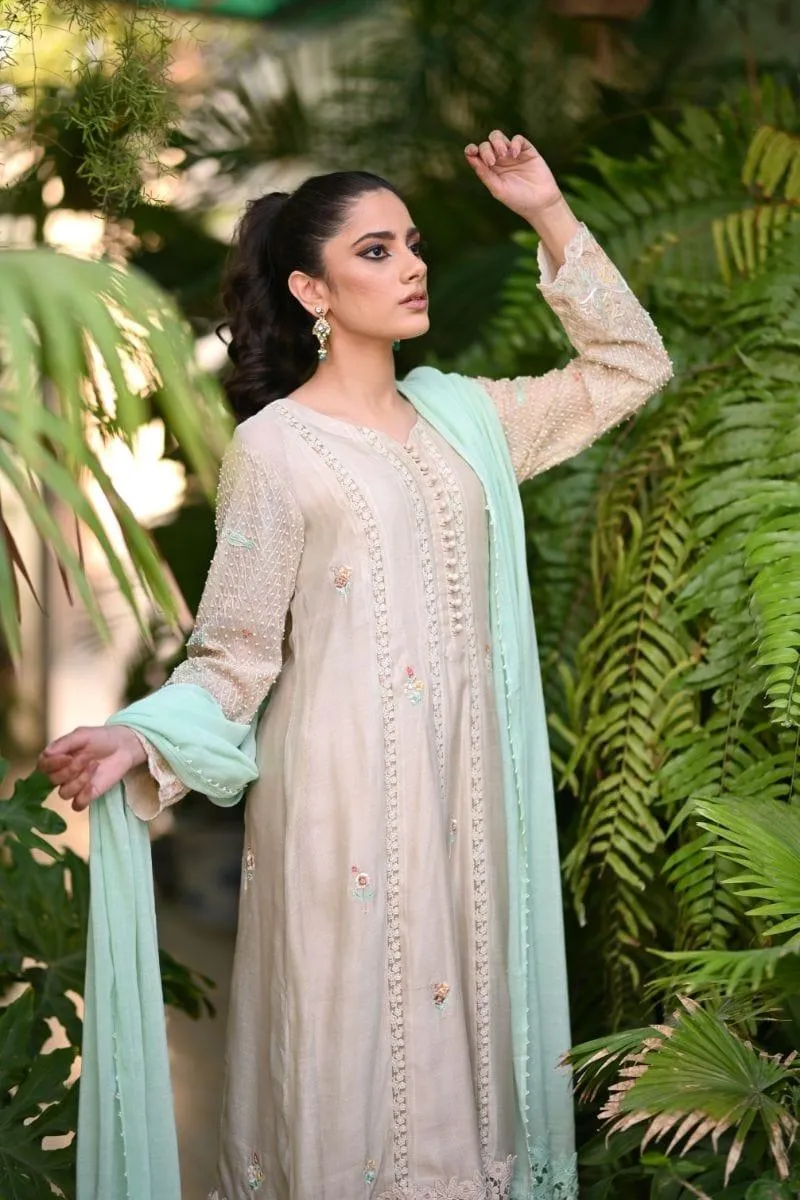 Khayal BY SHAISTA HASSAN - Beige and mint - Silk net - 3 Piece
