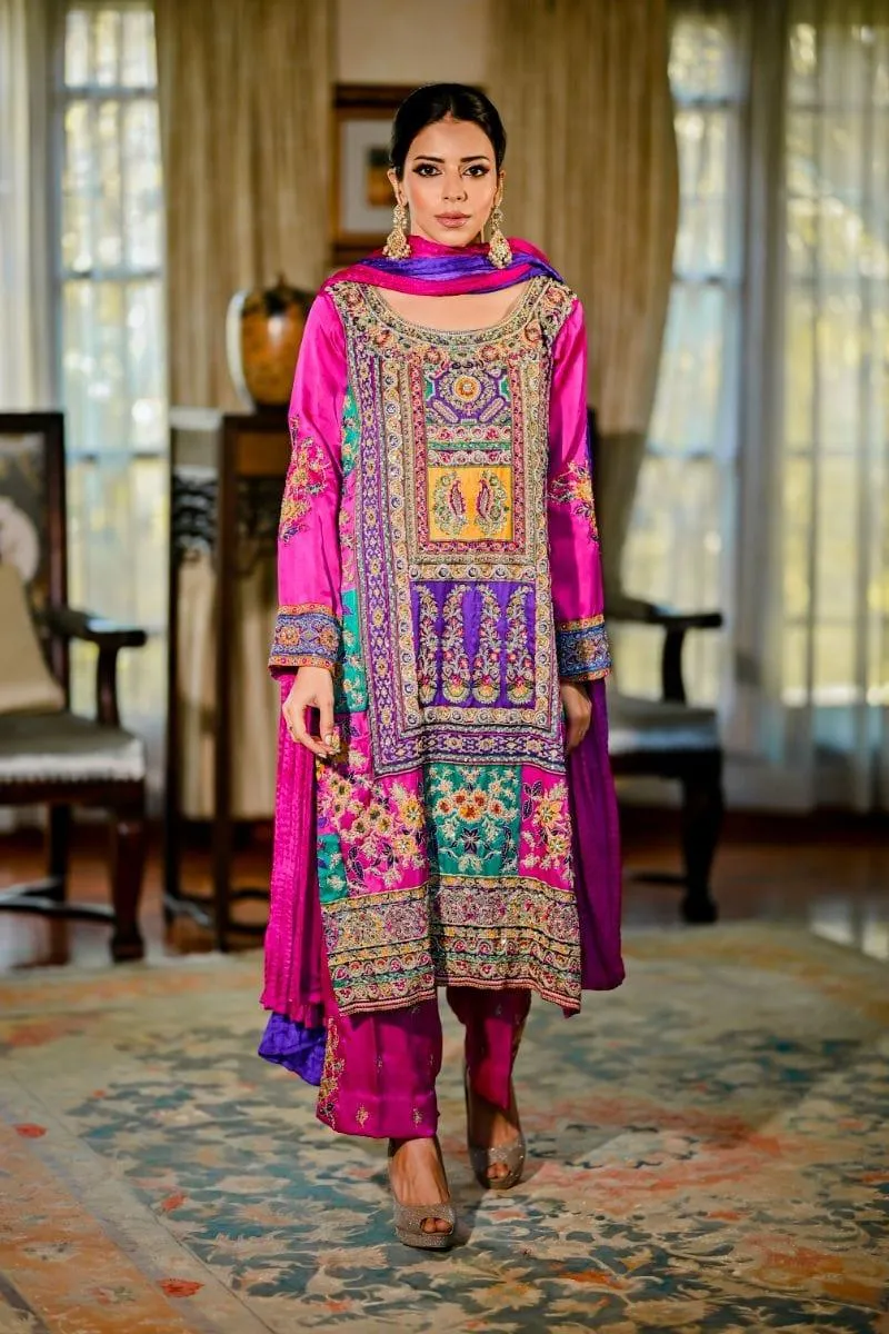 Khayal BY SHAISTA HASSAN - Fuchsia Multi coloured raw silk - 3 Piece