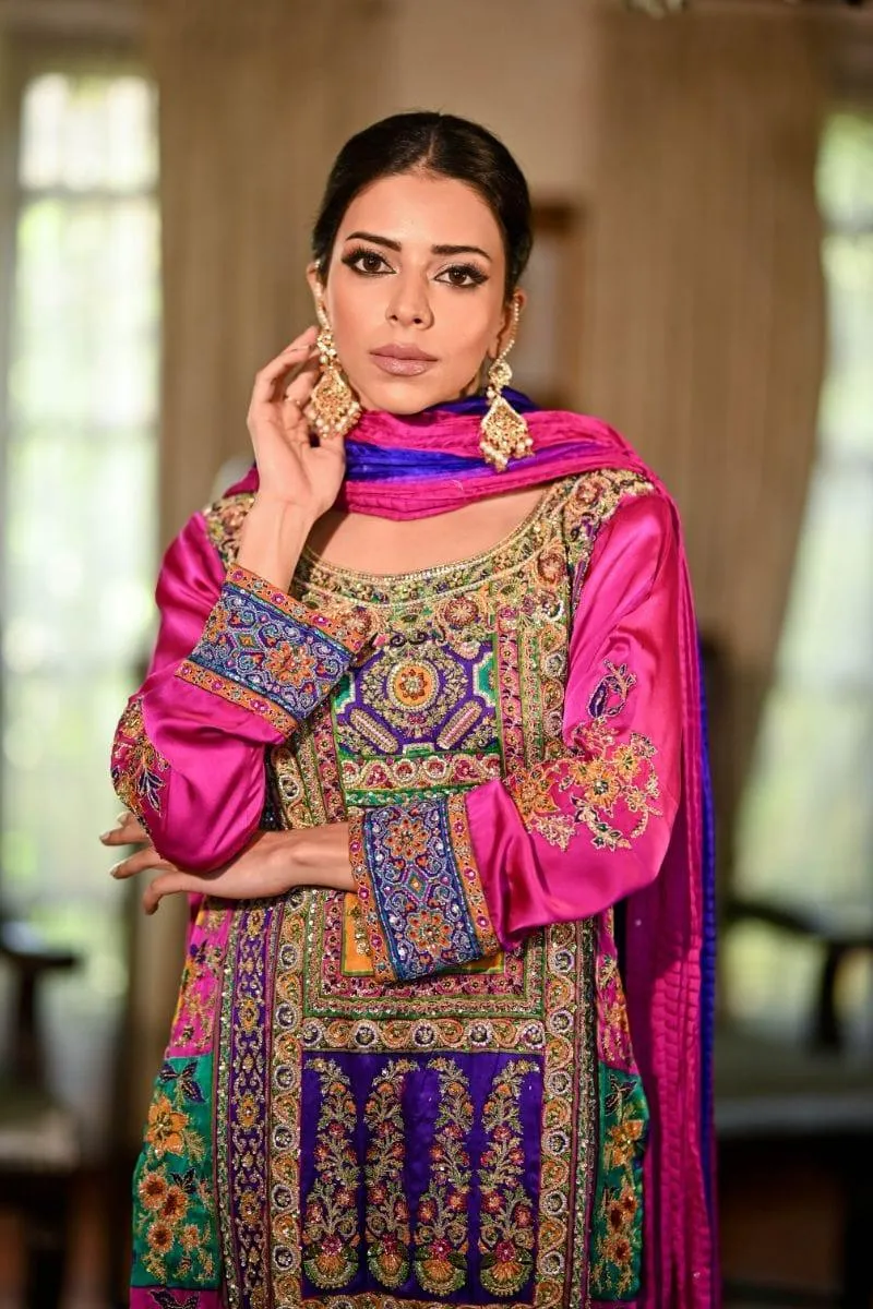 Khayal BY SHAISTA HASSAN - Fuchsia Multi coloured raw silk - 3 Piece