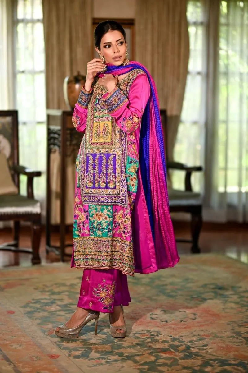 Khayal BY SHAISTA HASSAN - Fuchsia Multi coloured raw silk - 3 Piece