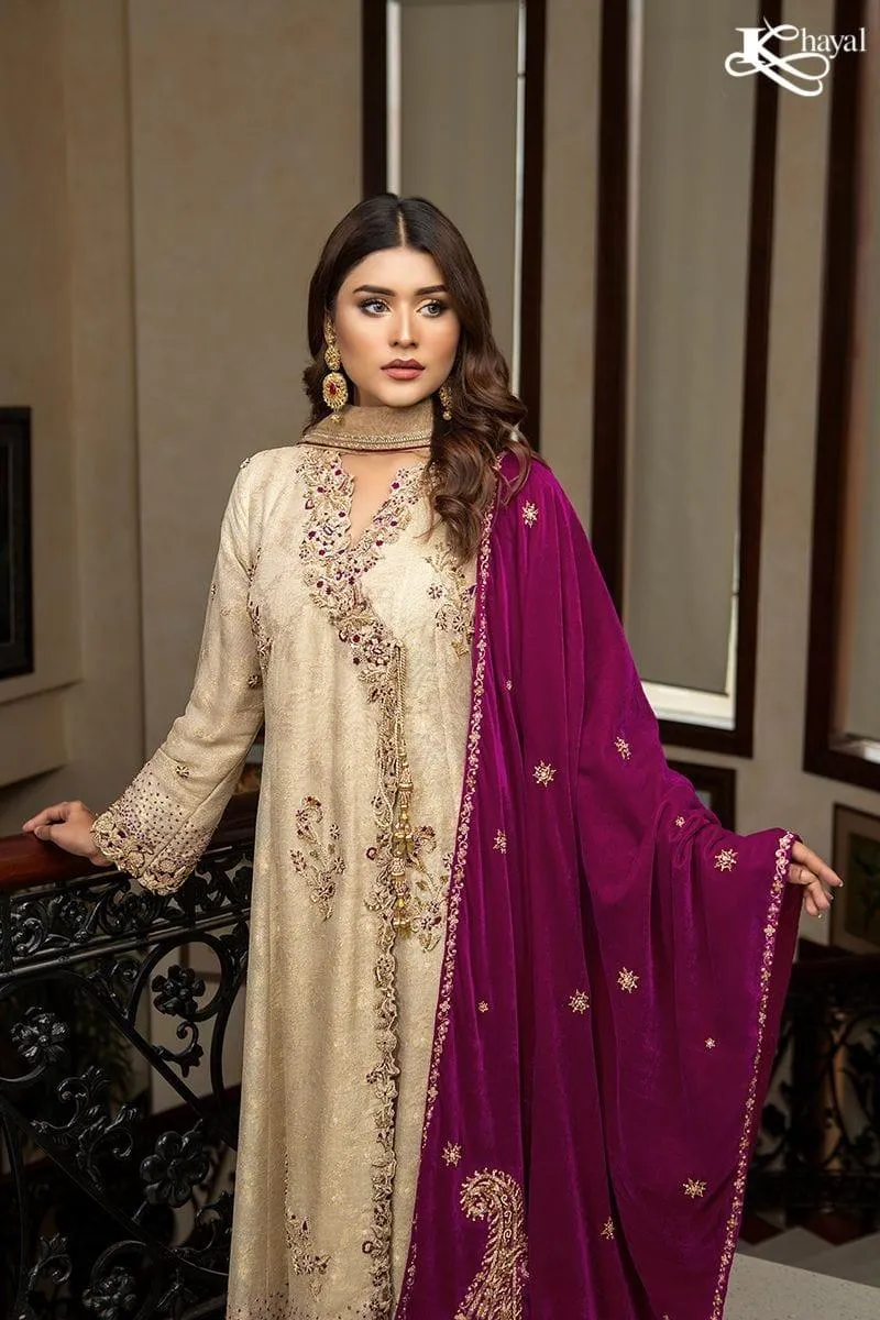 Khayal BY SHAISTA HASSAN - Gold maisuri angarkha with plum izaar - 3 Piece