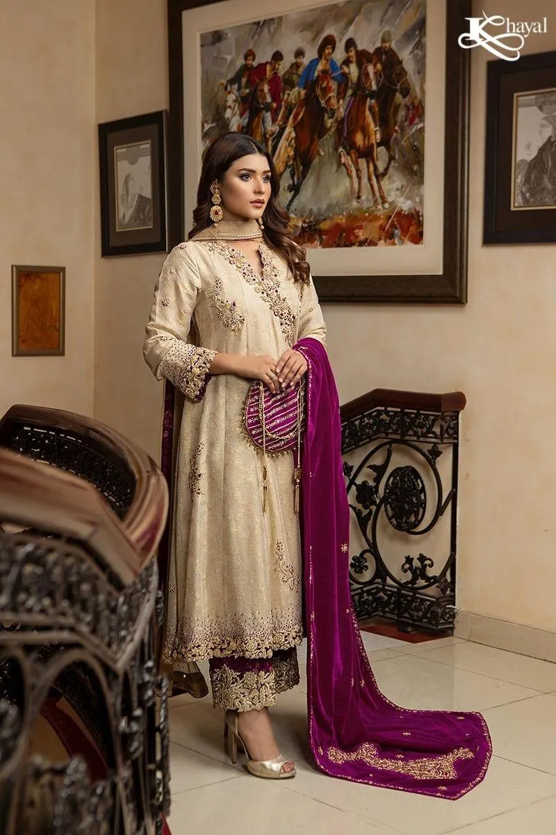 Khayal BY SHAISTA HASSAN - Gold maisuri angarkha with plum izaar - 3 Piece