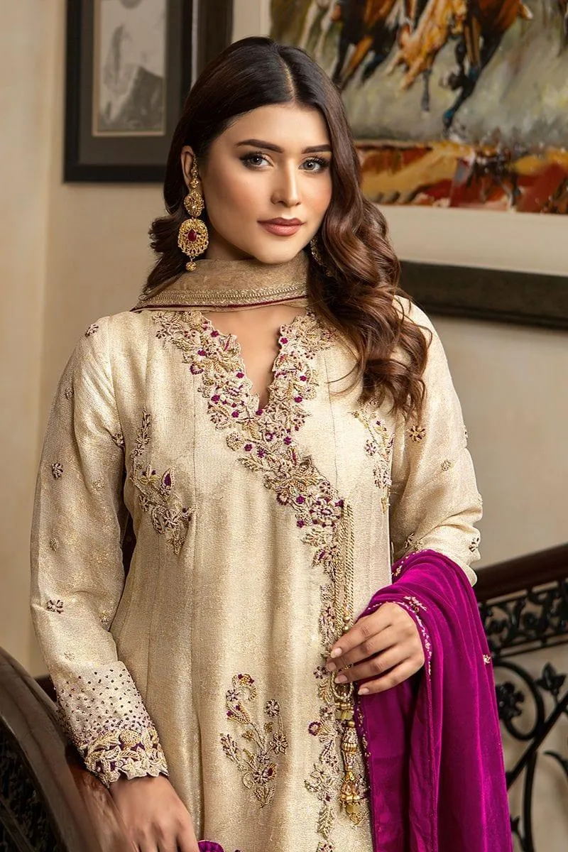 Khayal BY SHAISTA HASSAN - Gold maisuri angarkha with plum izaar - 3 Piece