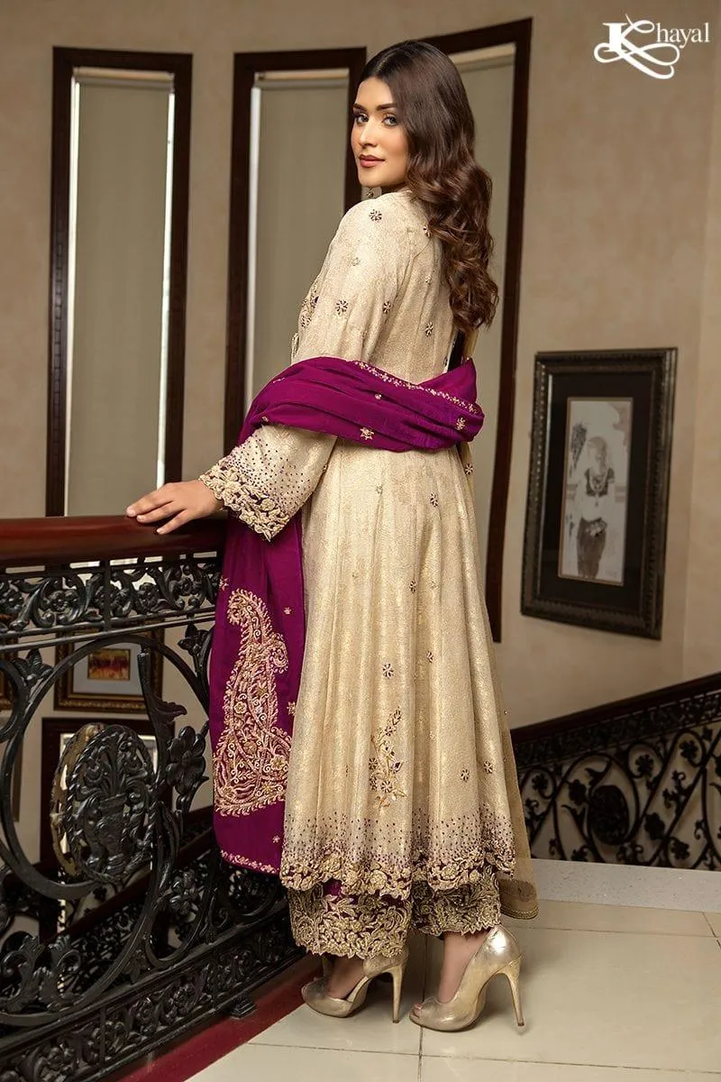 Khayal BY SHAISTA HASSAN - Gold maisuri angarkha with plum izaar - 3 Piece