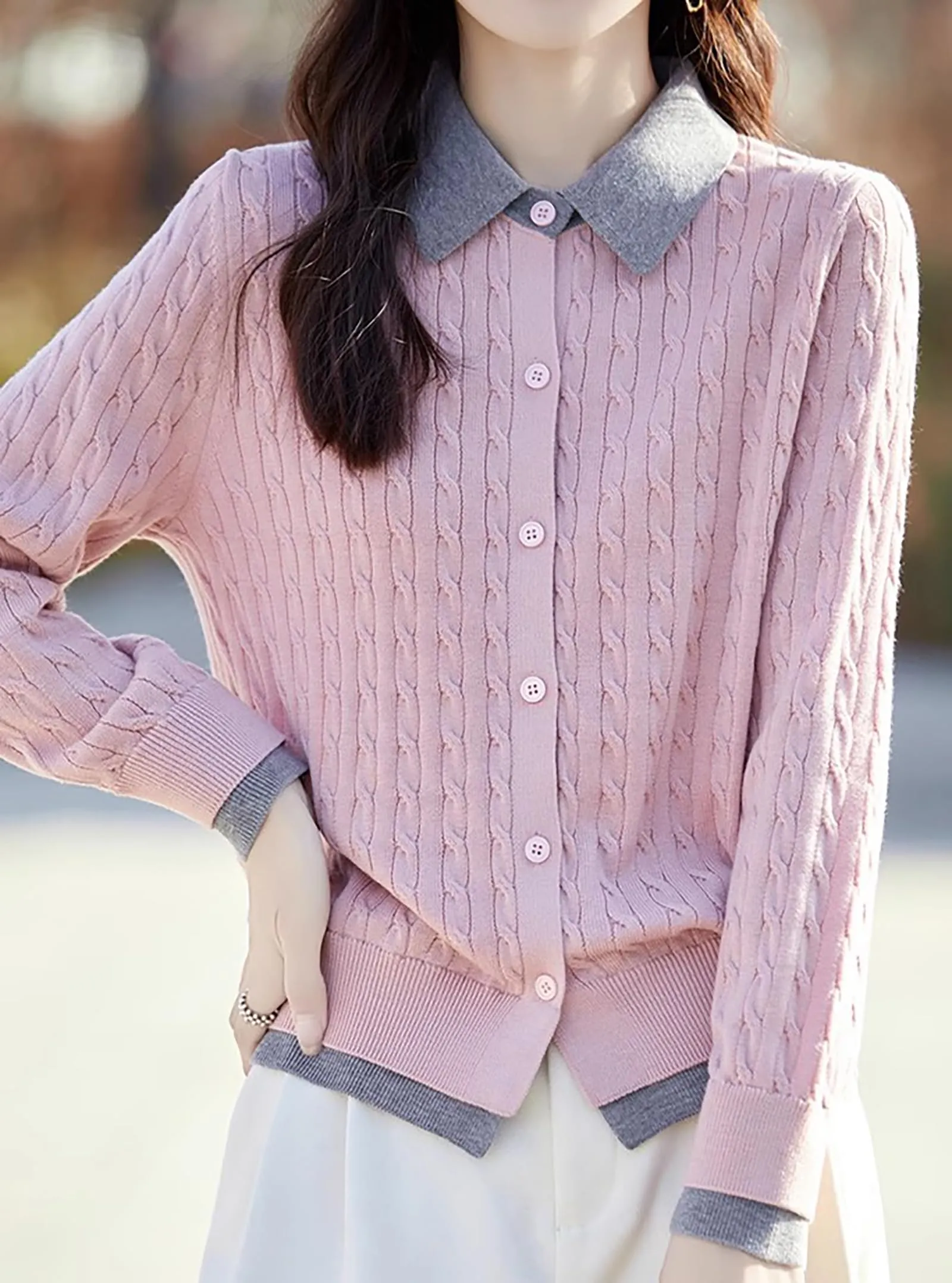 Knit Button Patchwork Pullover Fall Outfits