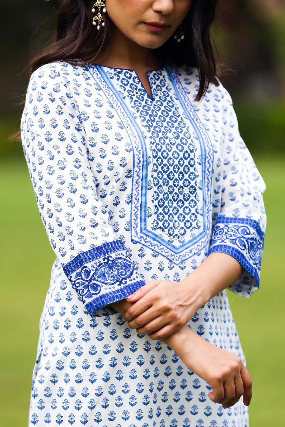 Kurta/Pant Set In Blue Handblock Buti Print