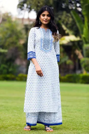 Kurta/Pant Set In Blue Handblock Buti Print