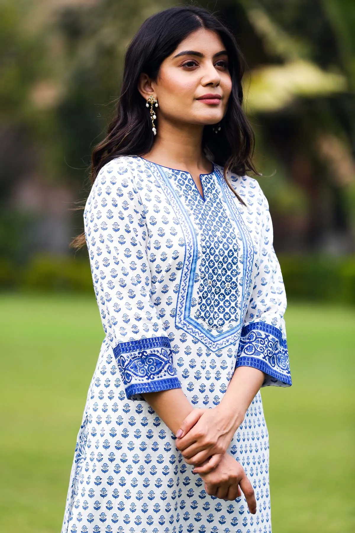 Kurta/Pant Set In Blue Handblock Buti Print