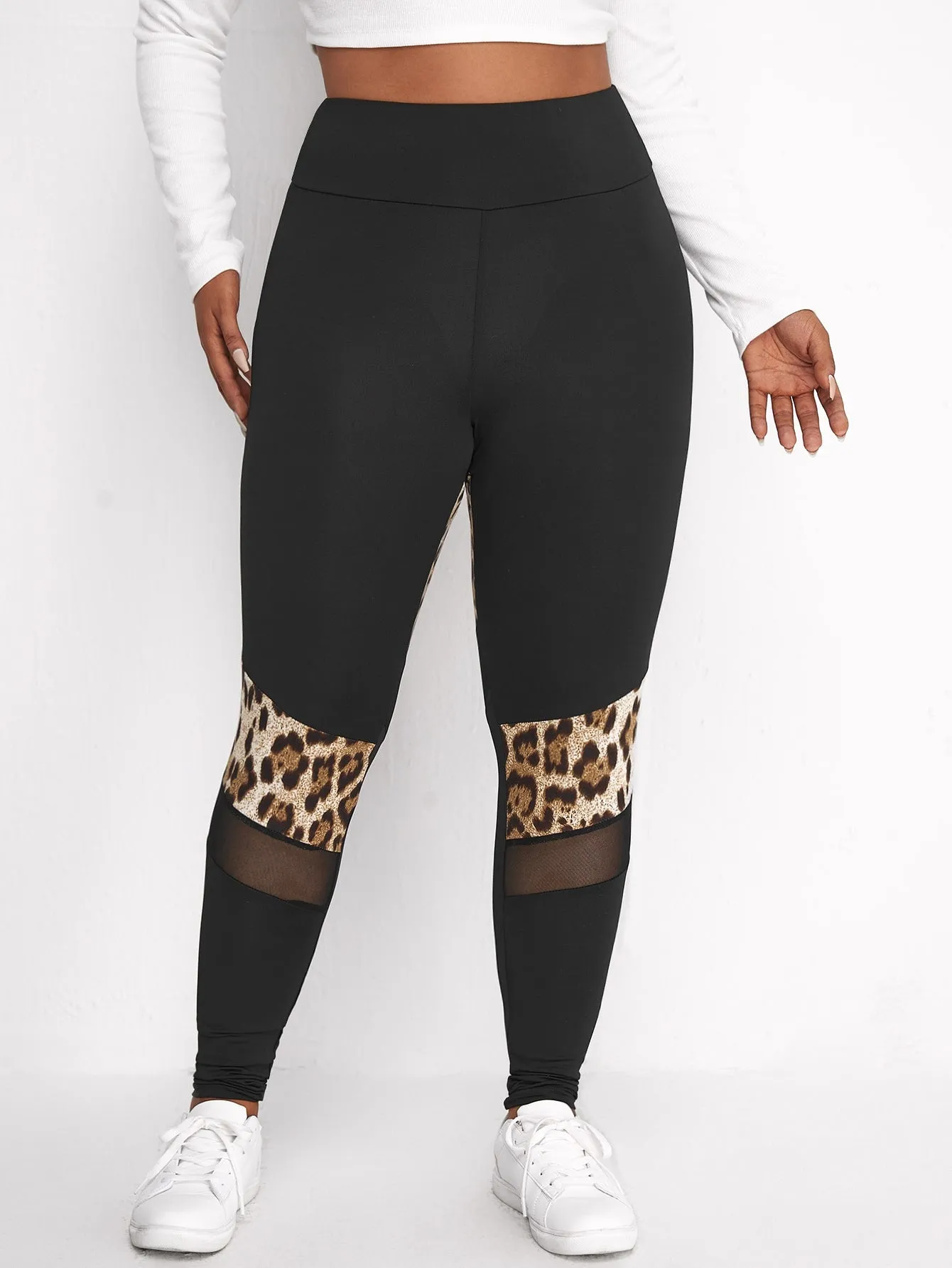 Leopard Contrast Mesh Long Plus Size Leggings