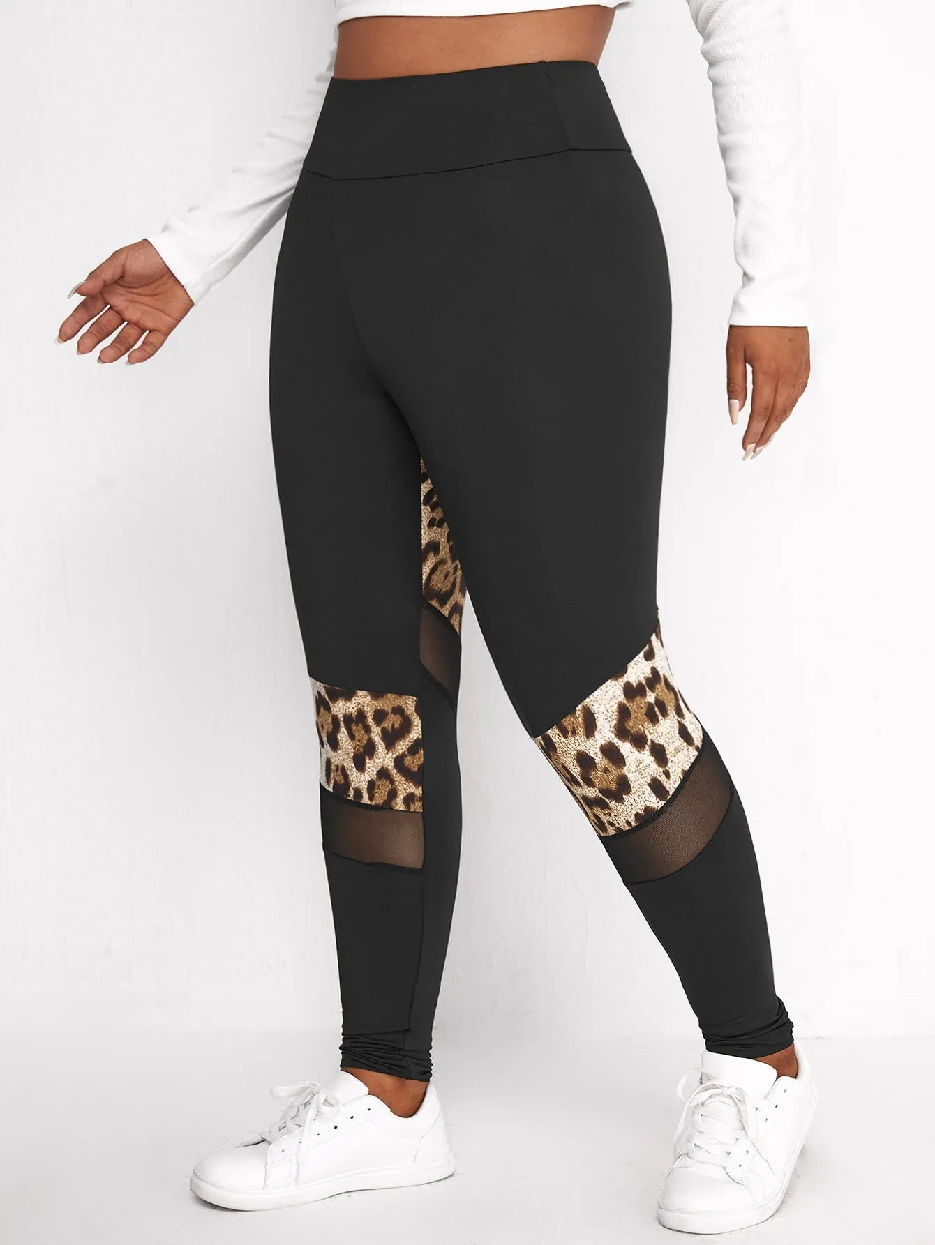 Leopard Contrast Mesh Long Plus Size Leggings