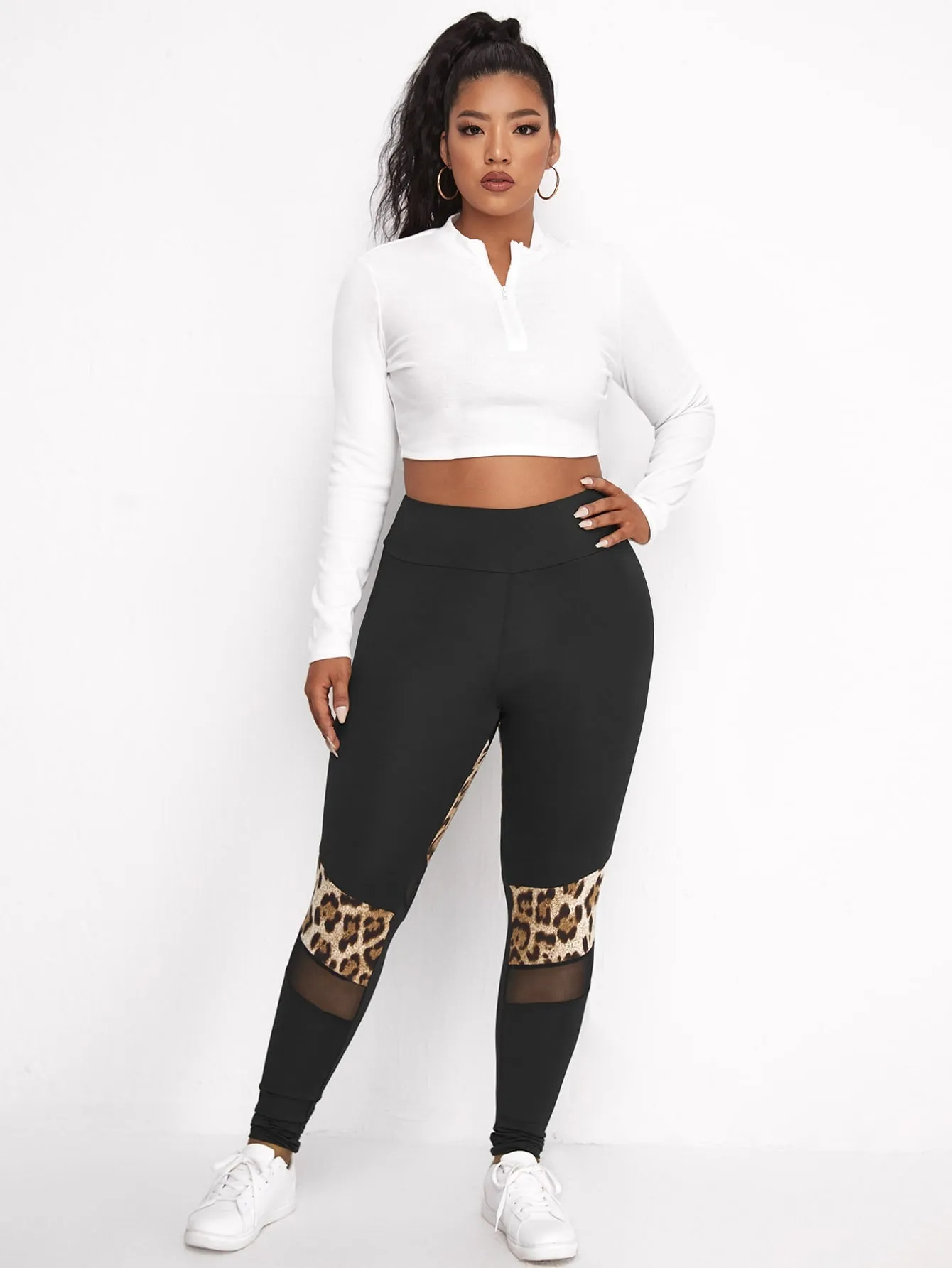 Leopard Contrast Mesh Long Plus Size Leggings