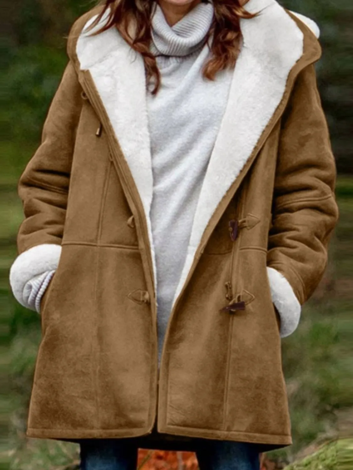 Long Hooded Jacket with Pocket Details and Toggle Closure