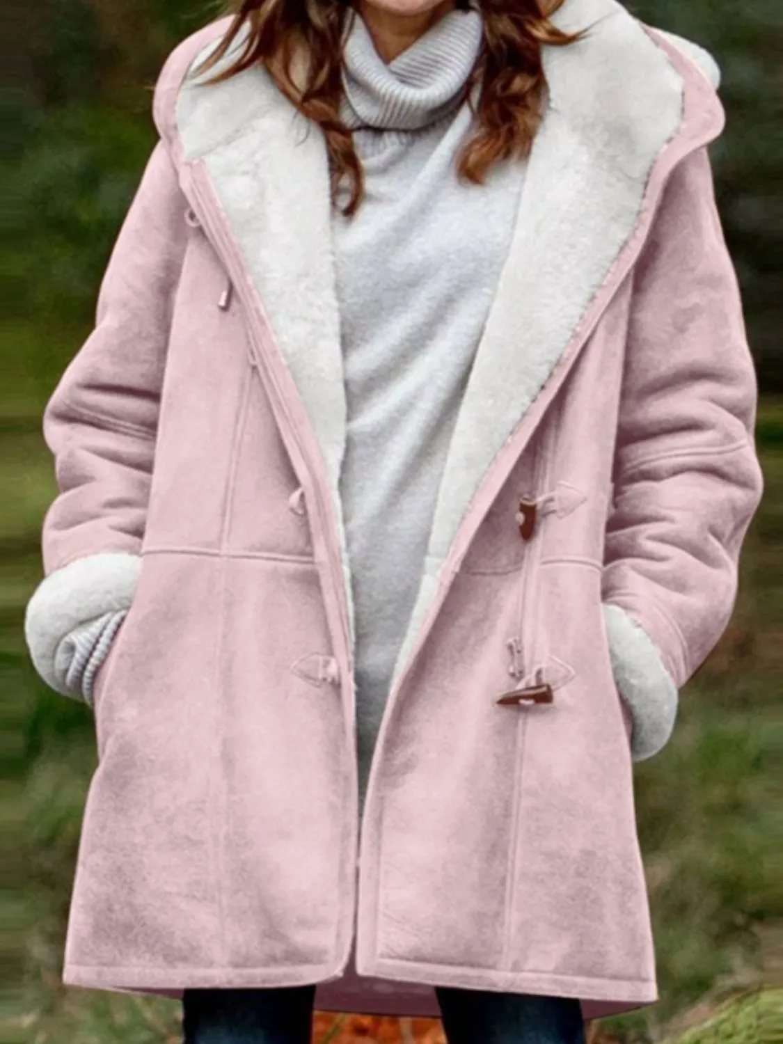 Long Hooded Jacket with Pocket Details and Toggle Closure