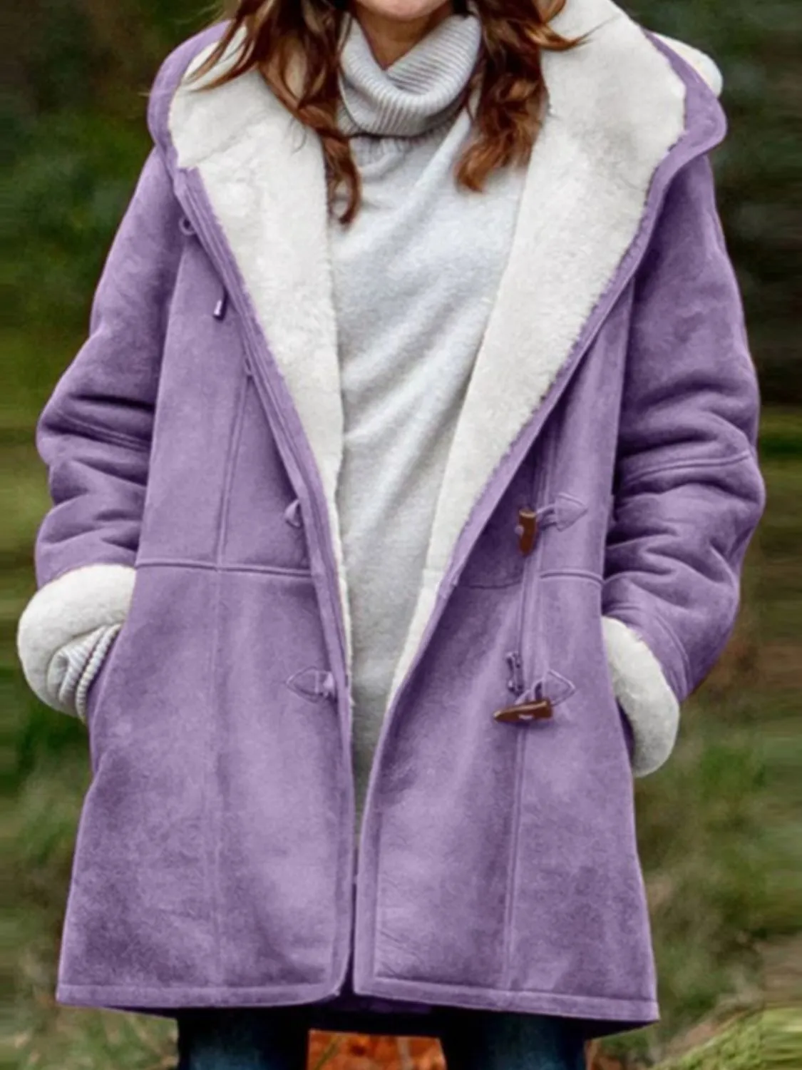Long Hooded Jacket with Pocket Details and Toggle Closure