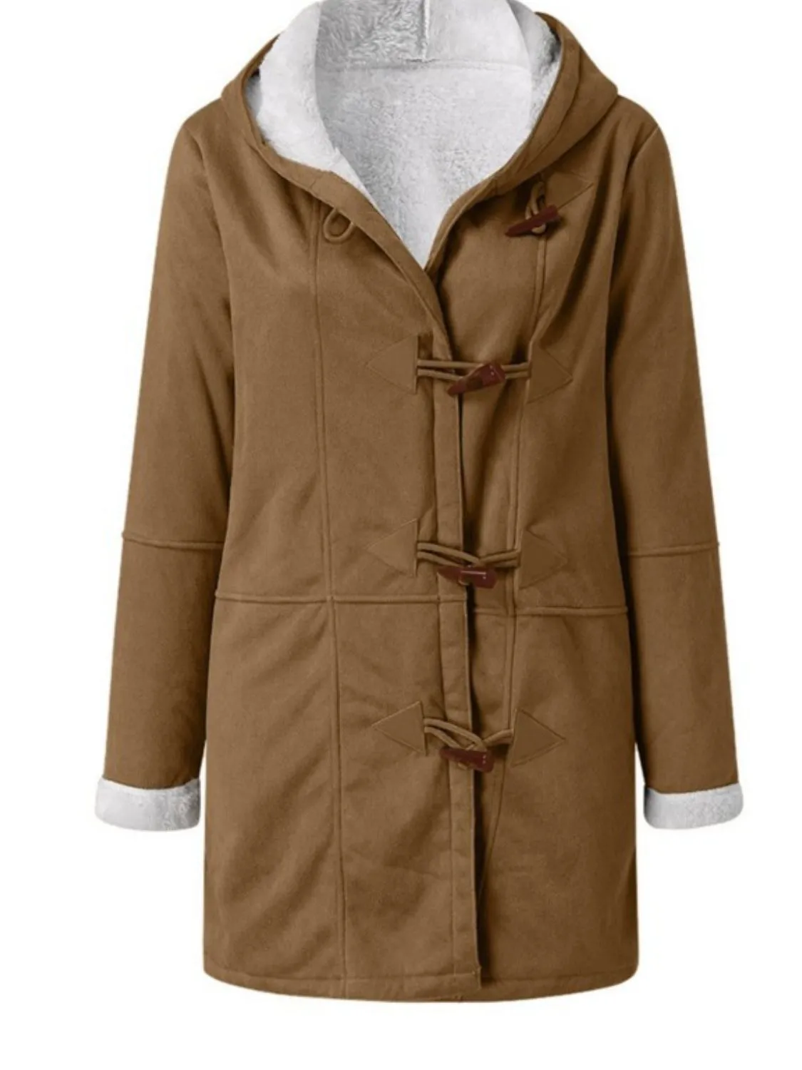 Long Hooded Jacket with Pocket Details and Toggle Closure