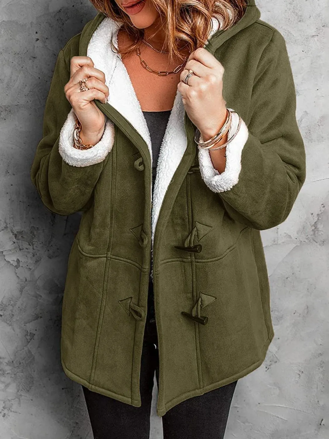 Long Hooded Jacket with Pocket Details and Toggle Closure