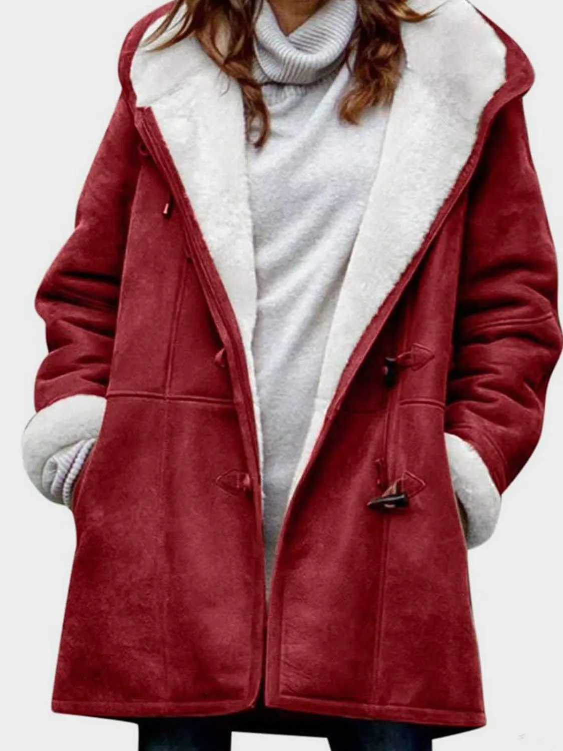 Long Hooded Jacket with Pocket Details and Toggle Closure