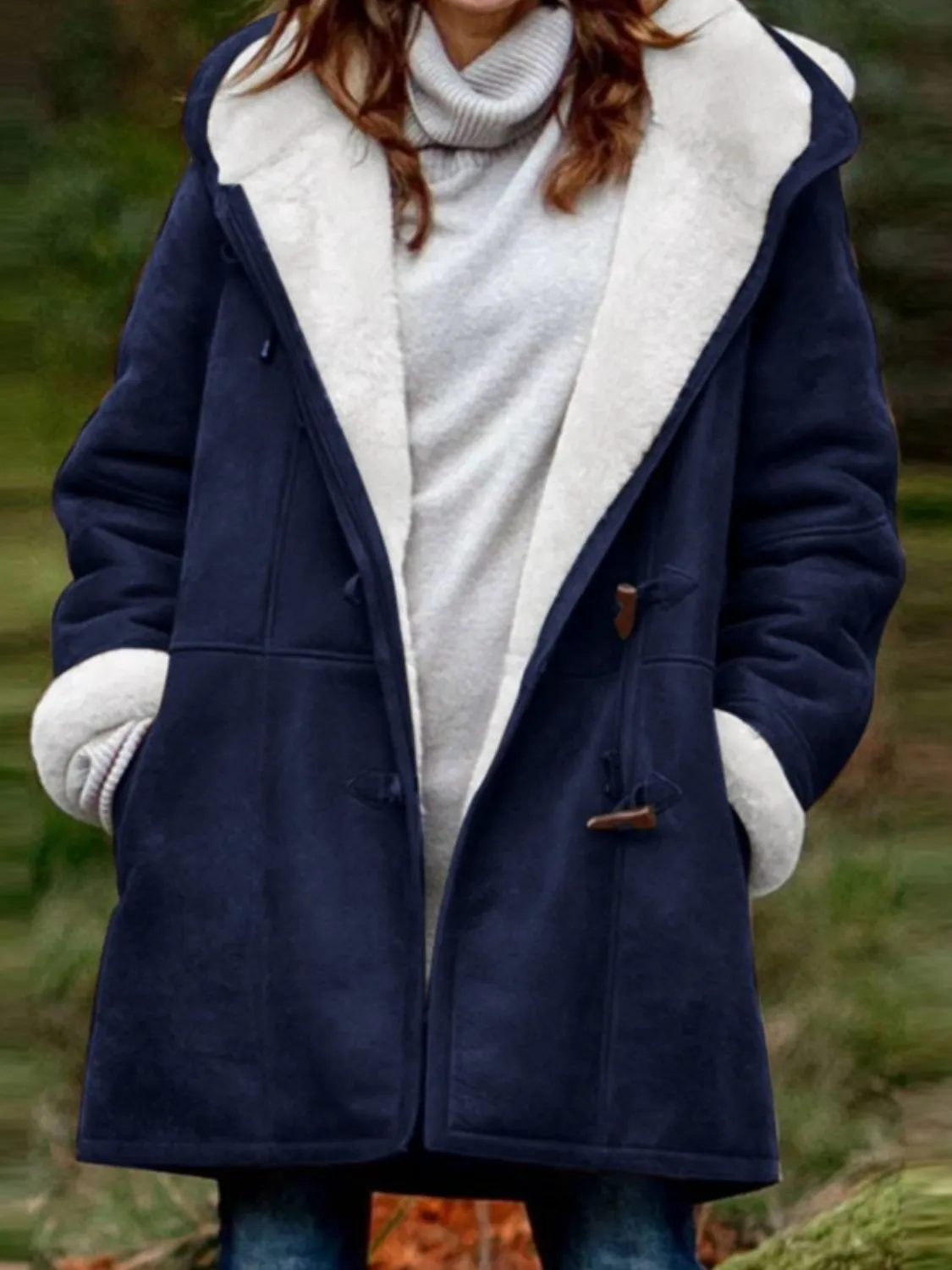 Long Hooded Jacket with Pocket Details and Toggle Closure