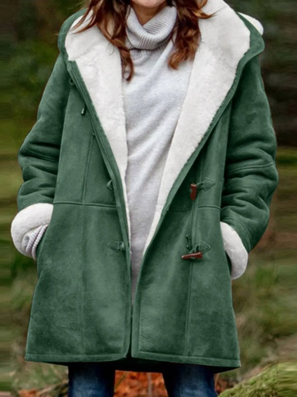 Long Hooded Jacket with Pocket Details and Toggle Closure