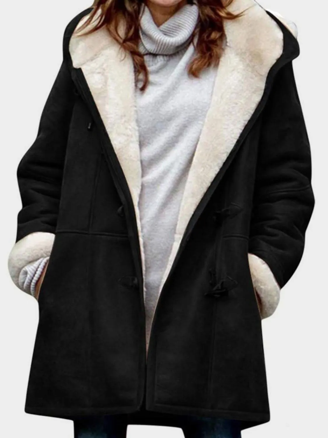 Long Hooded Jacket with Pocket Details and Toggle Closure