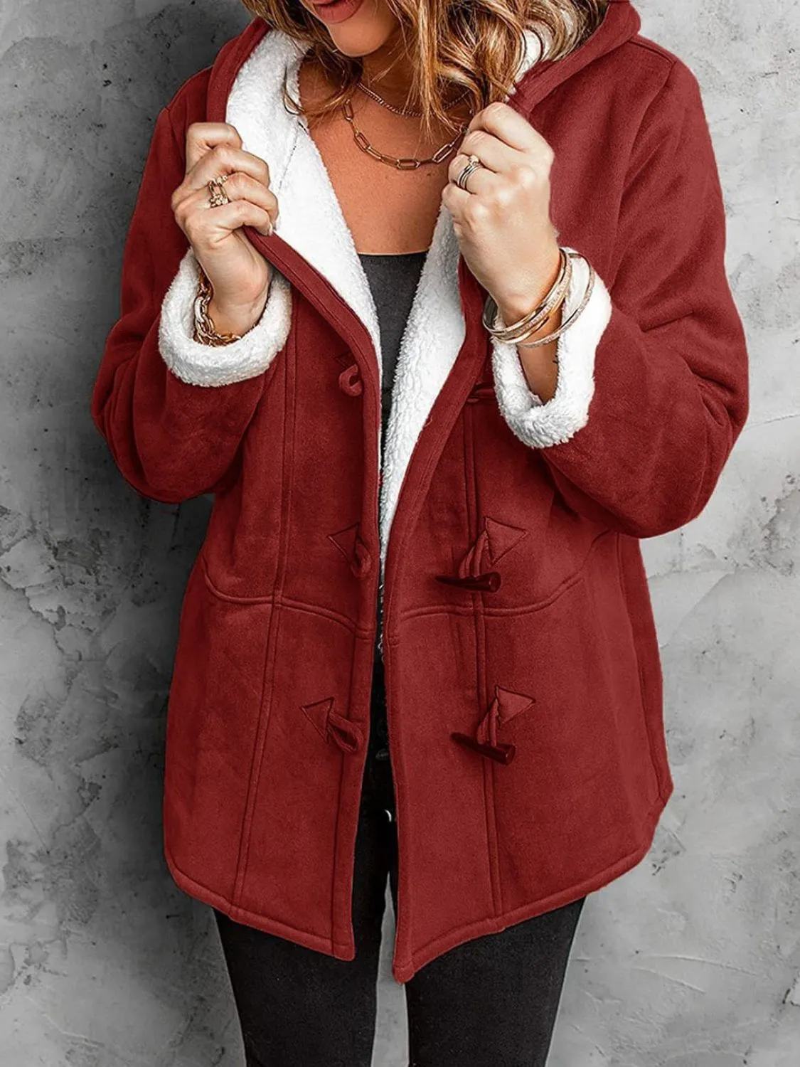 Long Hooded Jacket with Pocket Details and Toggle Closure