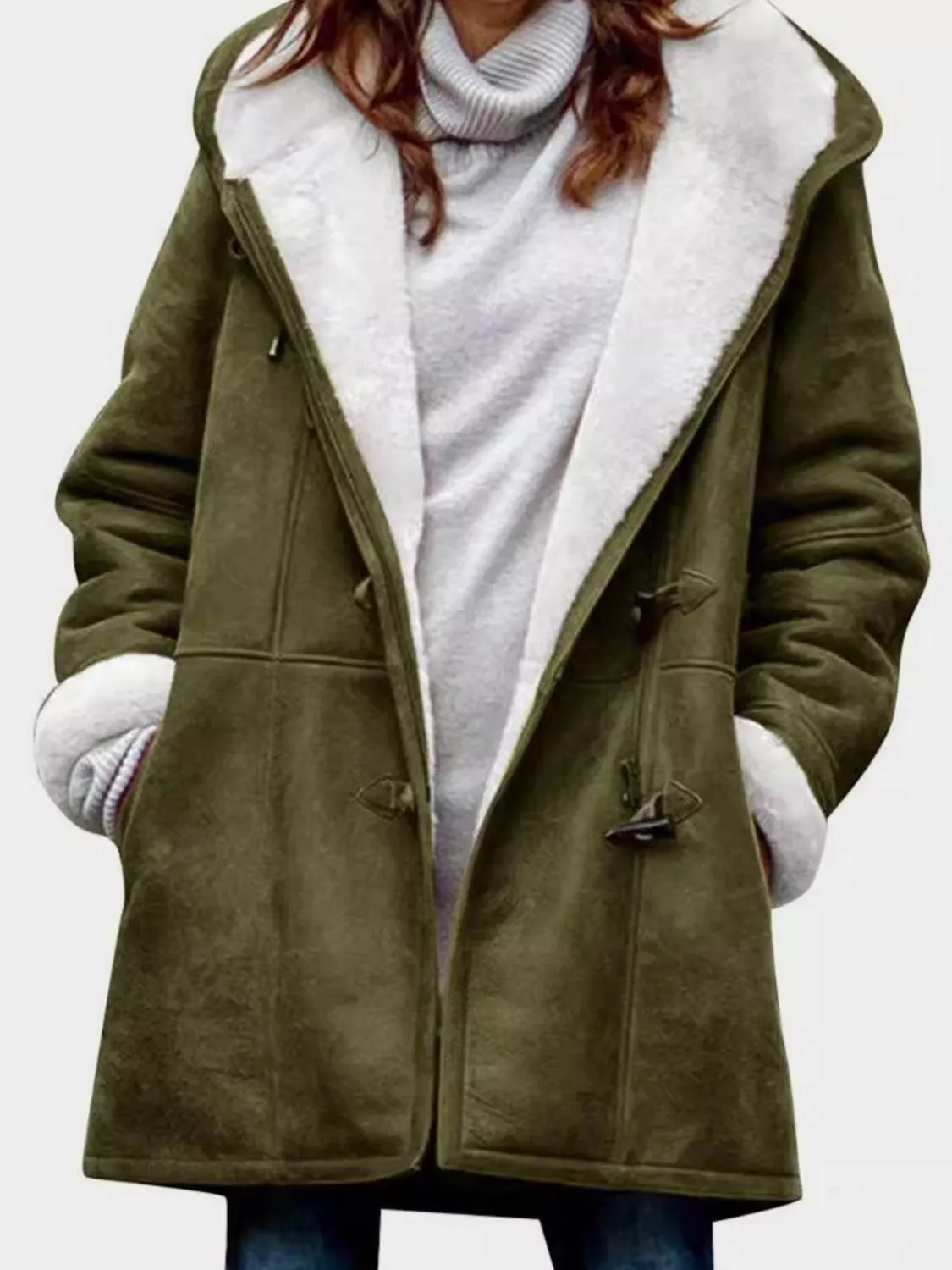 Long Hooded Jacket with Pocket Details and Toggle Closure