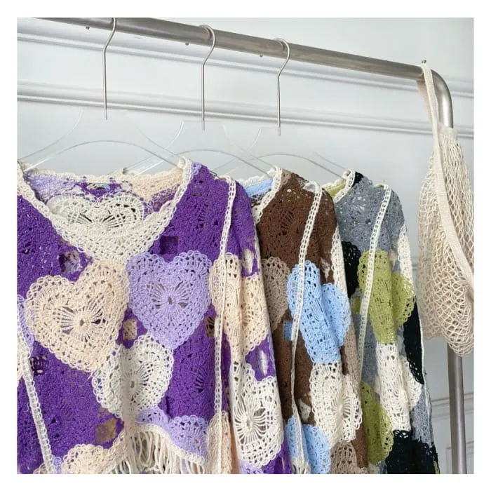 Long-Sleeve V-Neck Heart Print Tasseled Crop Pointelle Knit Top
