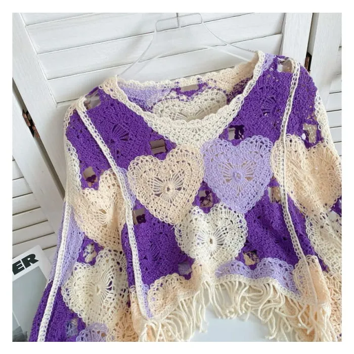 Long-Sleeve V-Neck Heart Print Tasseled Crop Pointelle Knit Top