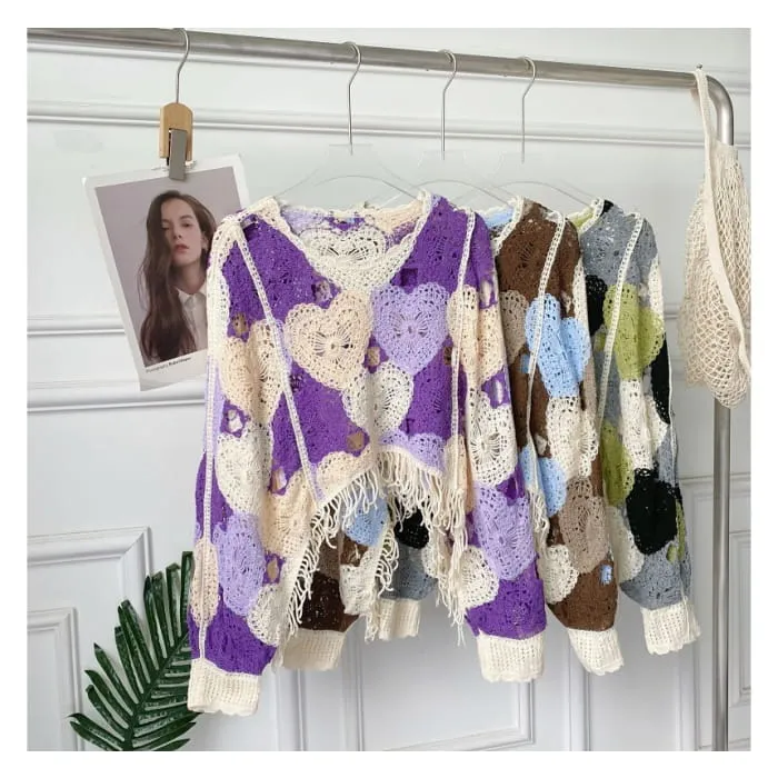 Long-Sleeve V-Neck Heart Print Tasseled Crop Pointelle Knit Top