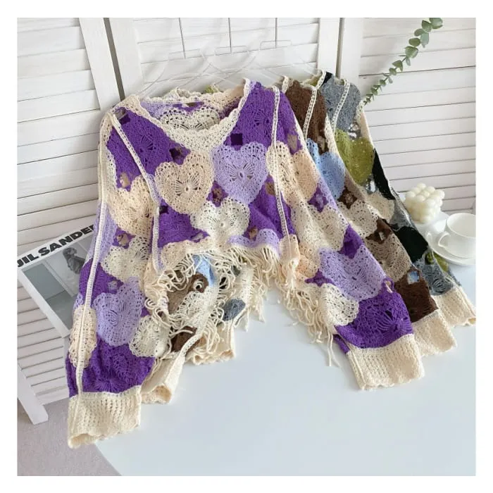 Long-Sleeve V-Neck Heart Print Tasseled Crop Pointelle Knit Top