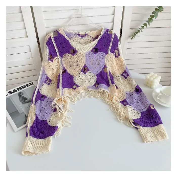 Long-Sleeve V-Neck Heart Print Tasseled Crop Pointelle Knit Top