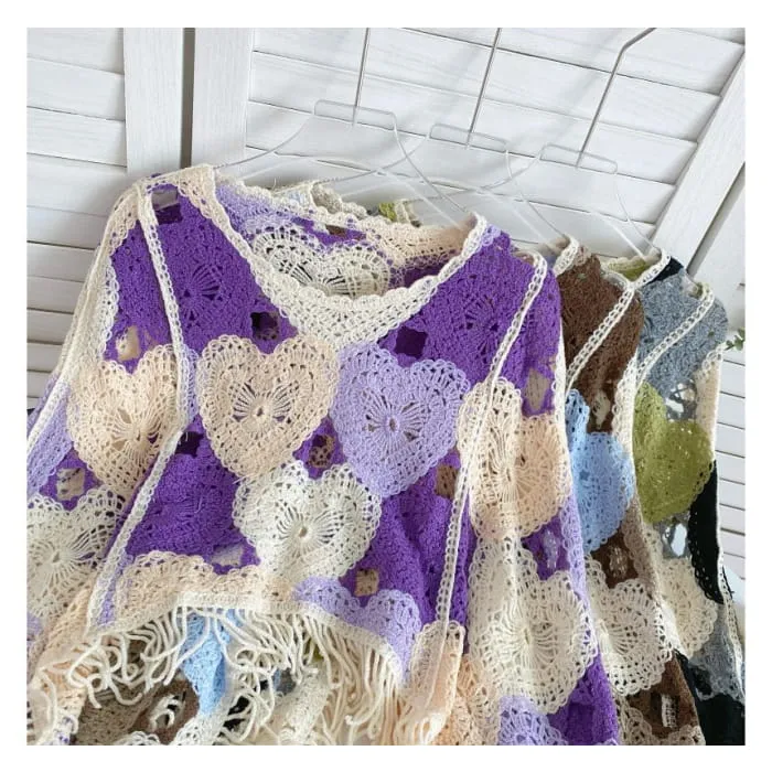 Long-Sleeve V-Neck Heart Print Tasseled Crop Pointelle Knit Top