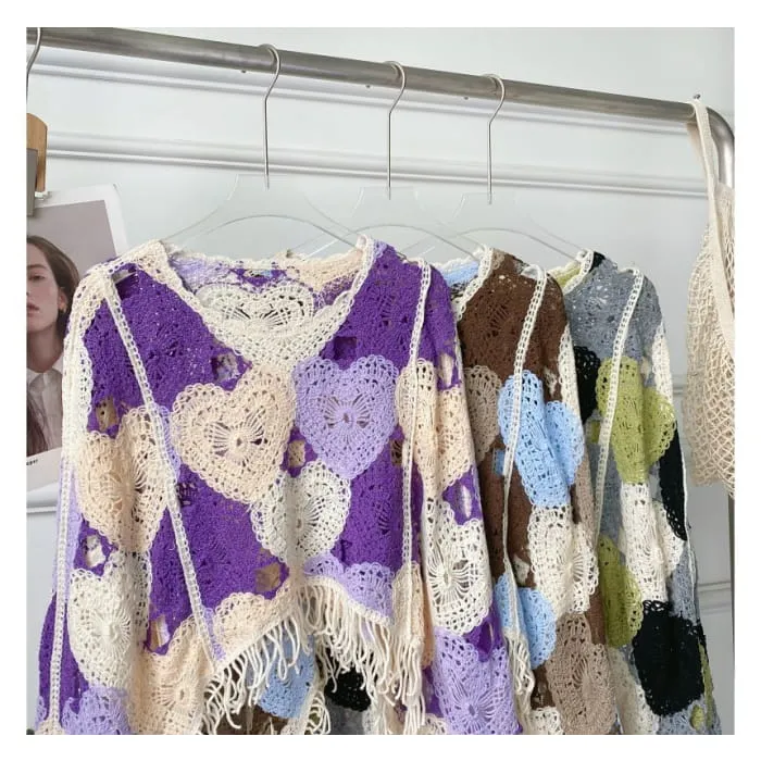 Long-Sleeve V-Neck Heart Print Tasseled Crop Pointelle Knit Top