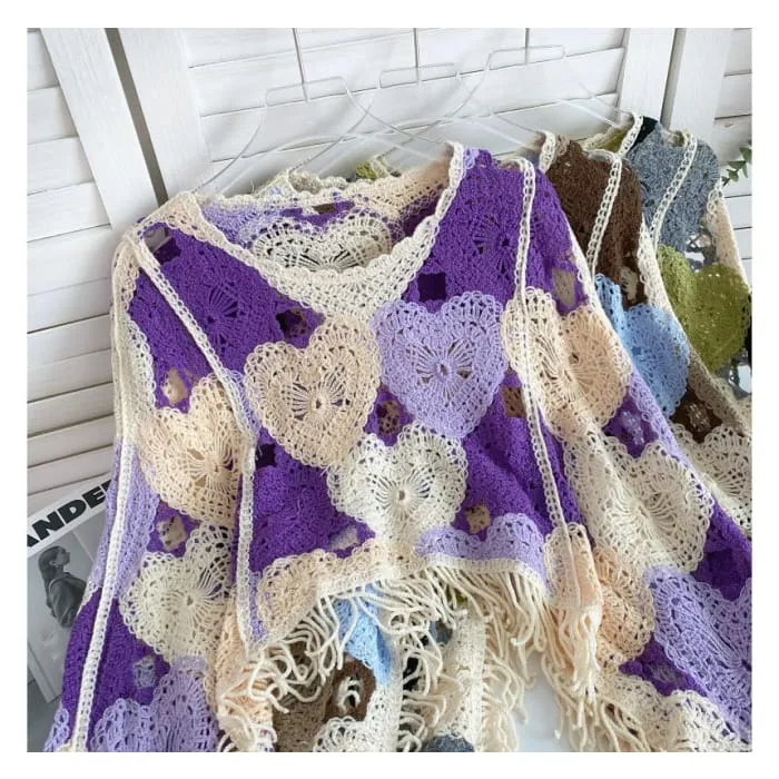 Long-Sleeve V-Neck Heart Print Tasseled Crop Pointelle Knit Top