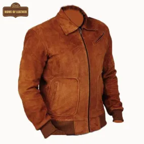 M045 Men Style Brown Ribbed Genuine Suede Leather Jacket Vintage Coat