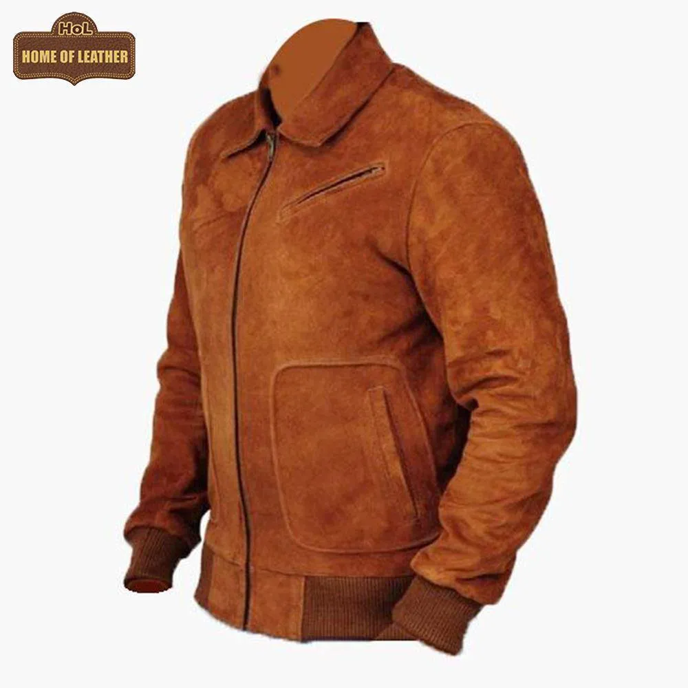 M045 Men Style Brown Ribbed Genuine Suede Leather Jacket Vintage Coat